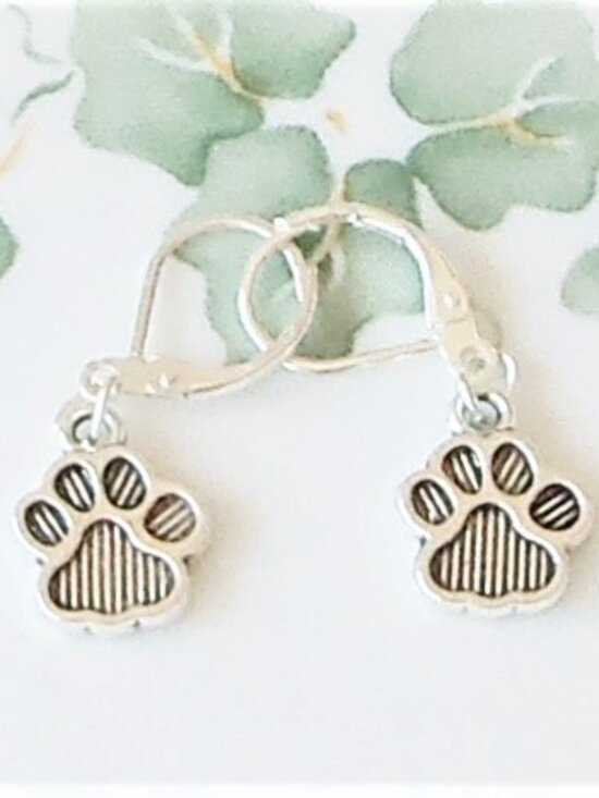 Handmade Jewelry - Tibetan Silver Paw Print Earrings Secure Lever Back Handmade